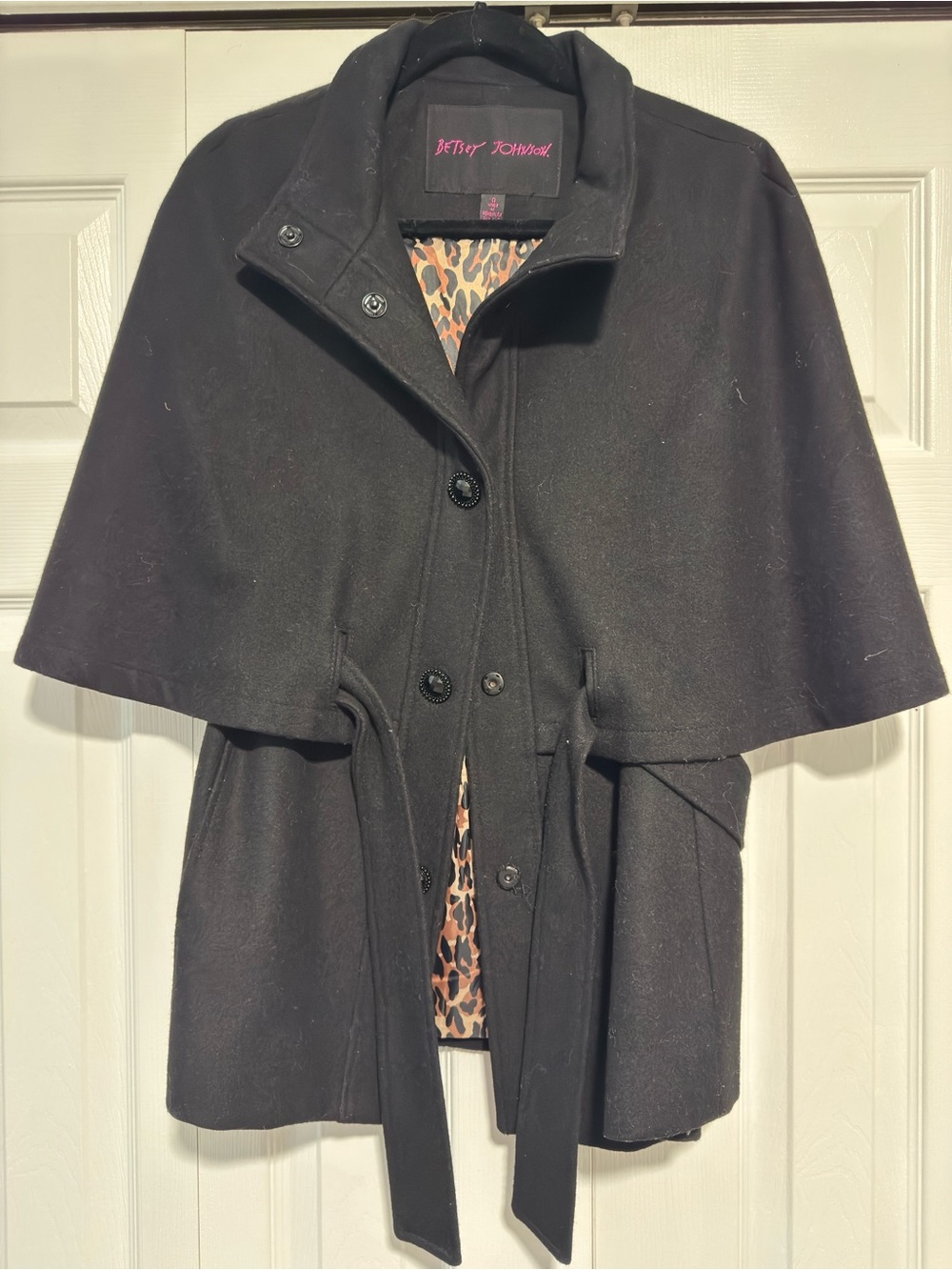 Betsey Johnson Black Cape-Style Sweater Poncho with Leopard Lining